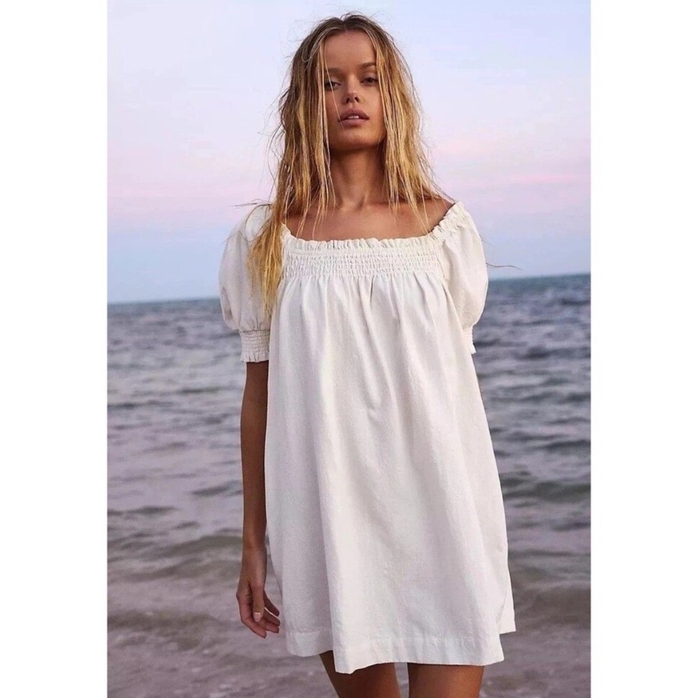 Free People Mila Mini Dress Womens Large Ivory White NWT Smocked Puff Sleeve - Picture 2 of 11